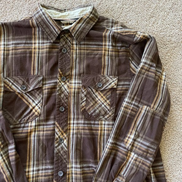 Roebuck & Co Flannel Vintage Men XL Western Rockabilly Brown Plaid Elbow patches - Picture 2 of 8